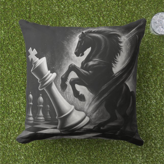 Dramatic Black Horse vs. King – Bold Chess Artwork Cushion (Grass)