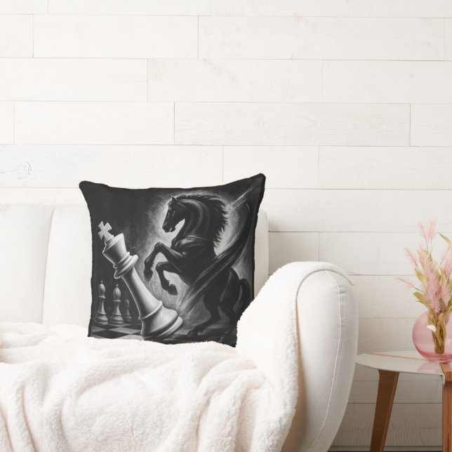 Dramatic Black Horse vs. King – Bold Chess Artwork Cushion (Couch)