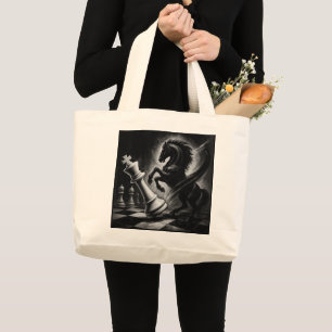 Dramatic Black Horse vs. King – Bold Chess Artwork Large Tote Bag