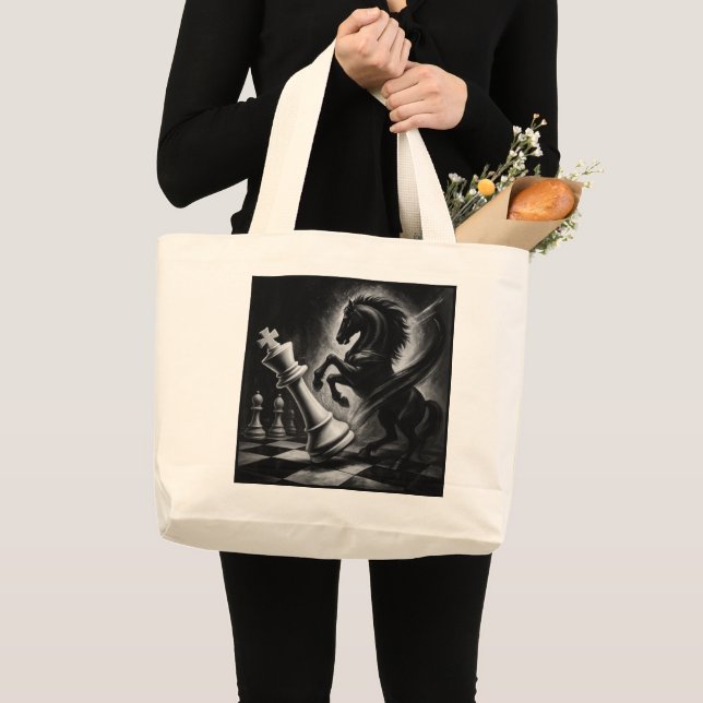 Dramatic Black Horse vs. King – Bold Chess Artwork Large Tote Bag (Front (Product))