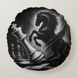 Dramatic Black Horse vs. King – Bold Chess Artwork Round Cushion