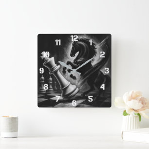 Dramatic Black Horse vs. King – Bold Chess Artwork Square Wall Clock