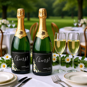 Dramatic Black & White Daisies Wedding Sparkling Wine Label