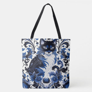 Dramatic Blue Art Deco Cat Large Shoulder Tote