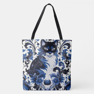 Dramatic Blue Art Deco Cat Large Shoulder Tote
