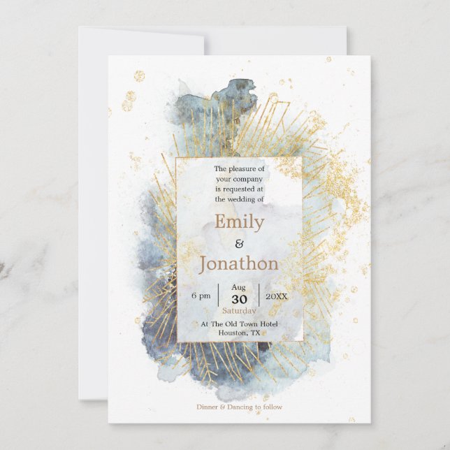 Dramatic Blue Ombre Watercolor Gold Line Wedding Invitation (Front)