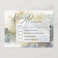 Dramatic Blue Ombre Watercolors Gold Wedding RSVP