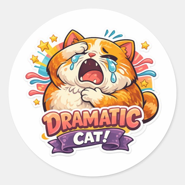 Dramatic Cat Funny Crying Cartoon Art Reaction Classic Round Sticker (Front)
