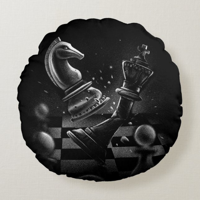 Dramatic Chess Battle – Knight vs. Horse  Round Cushion (Front)