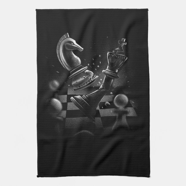 Dramatic Chess Battle – Knight vs. Horse  Tea Towel (Vertical)