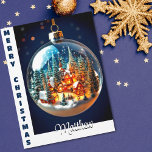 Dramatic Christmas scenery in a transparent bauble Card<br><div class="desc">This beautiful Christmas bauble contains an entire mountain village in the snow, all illuminated for Christmas. Beautiful scenery for this personalised Christmas card. Change the recipient’s name to make it truly unique! The inside is left white so you can choose to write your own text in the zazzle editor or...</div>