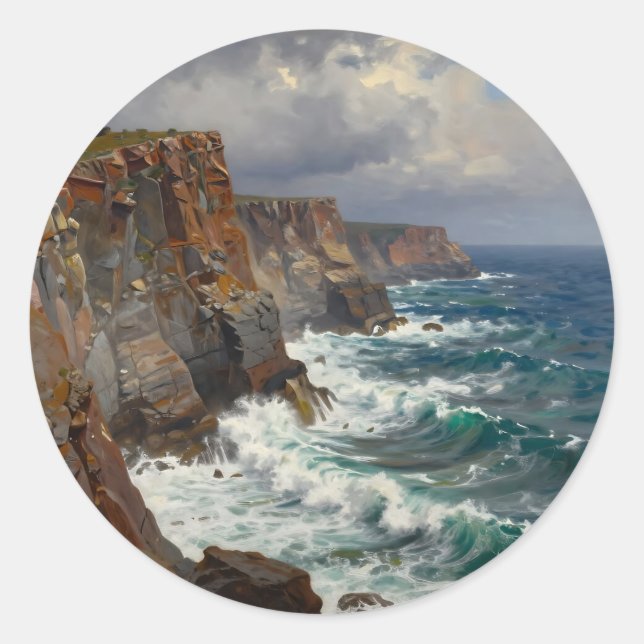 Dramatic Coastal Cliffs Crashing Waves Seascape Classic Round Sticker (Front)
