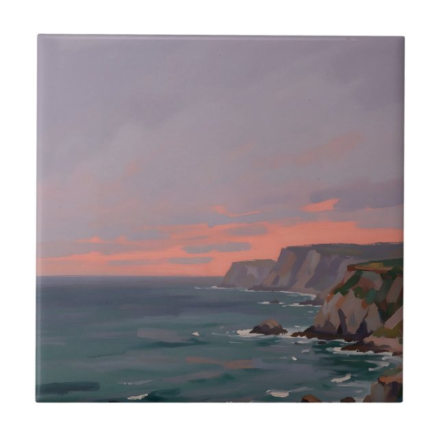 Dramatic Coastal Cliffs Pink Sunset Ocean  Ceramic Tile (Front)