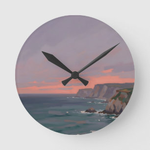 Dramatic Coastal Cliffs Pink Sunset Ocean Round Clock