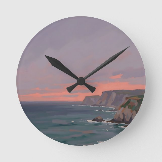 Dramatic Coastal Cliffs Pink Sunset Ocean  Round Clock (Front)