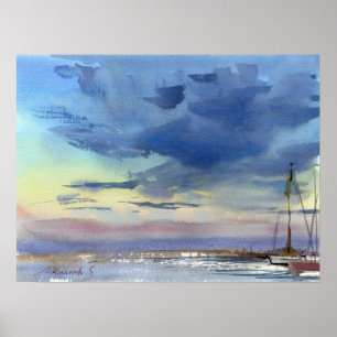 Dramatic Coastal Sky and Sailboats Watercolor Poster