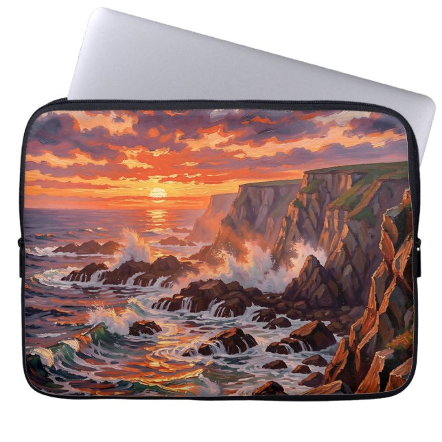 Dramatic Coastal Sunset Cliffs Painting Laptop Sleeve (Front)