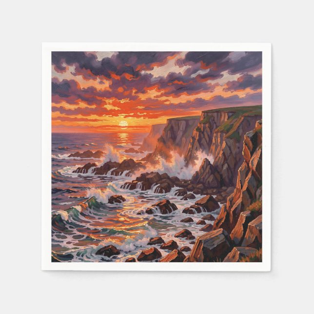 Dramatic Coastal Sunset Cliffs Painting Napkin (Front)