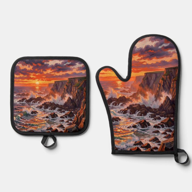 Dramatic Coastal Sunset Cliffs Painting Oven Mitt & Pot Holder Set (Front)