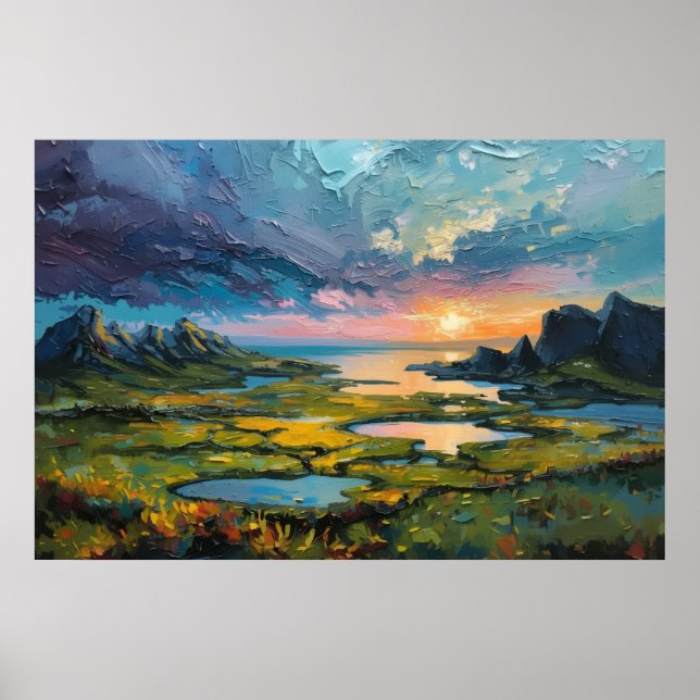 Dramatic Coastal Sunset Mountain Landscape Poster (Front)
