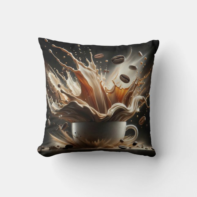Dramatic Coffee Splash with Floating Coffee Beans Cushion (Front)