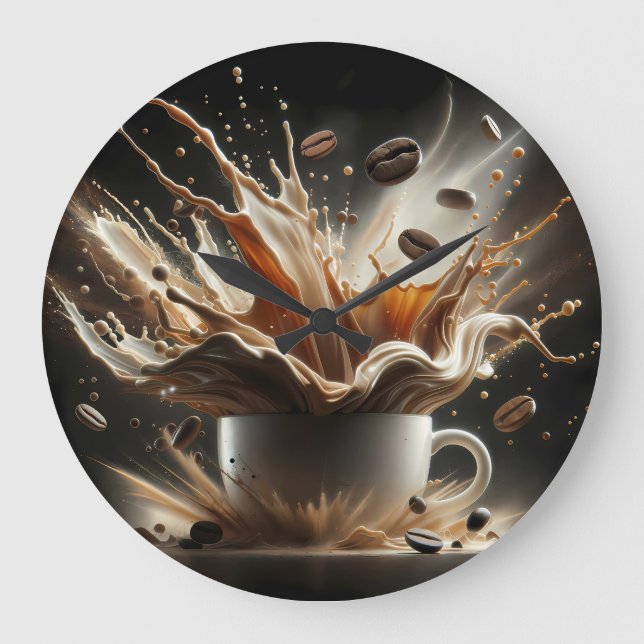 Dramatic Coffee Splash with Floating Coffee Beans Large Clock (Front)