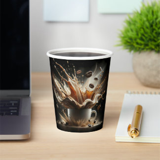 Dramatic Coffee Splash with Floating Coffee Beans Paper Cups