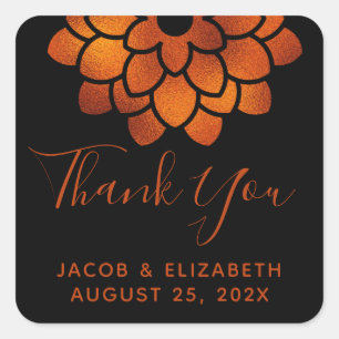 Dramatic Copper Flower on Black Thank You Wedding Square Sticker