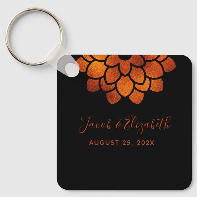 Dramatic Copper Flower on Black Wedding Key Ring (Front)