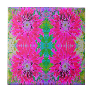Dramatic Crimson Red and Pink Dahlia Flower Ceramic Tile