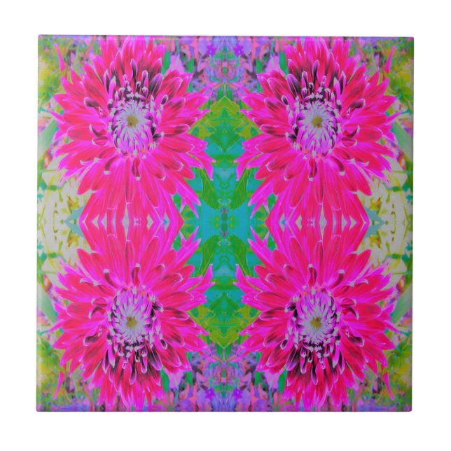 Dramatic Crimson Red and Pink Dahlia Flower Ceramic Tile (Front)