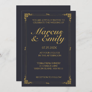 Dramatic Dark Blue & Antique Gold Wedding Invitation