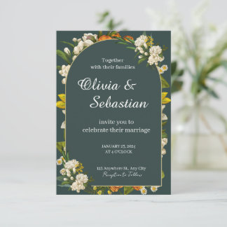 Dramatic Dark Green Floral Arch Wedding Invitation