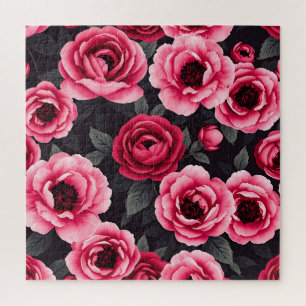 Dramatic Dark Pink Peony Floral Vintage  Jigsaw Puzzle