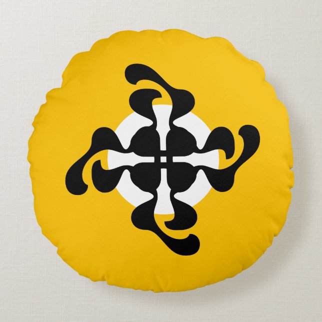 Dramatic dubble Q mirrored Modern yellow black Round Cushion (Front)