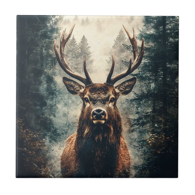 Dramatic Elk in the Woods Ceramic Tile (Front)