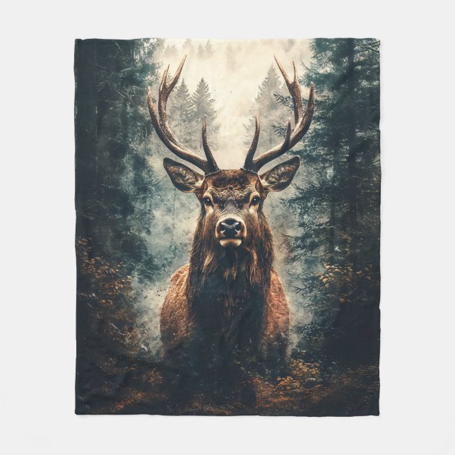 Dramatic Elk in the Woods Fleece Blanket (Front)
