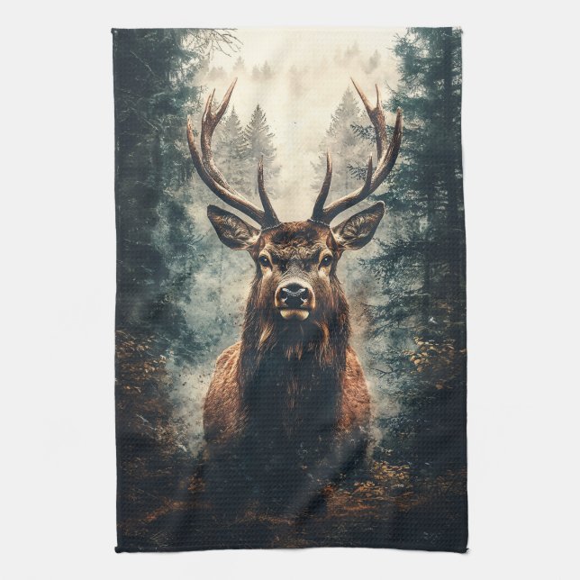 Dramatic Elk in the Woods Tea Towel (Vertical)