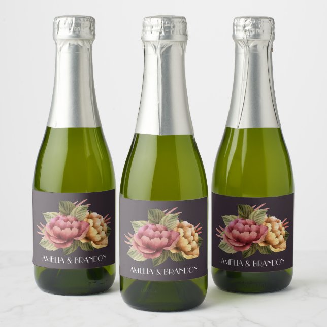 Dramatic Floral Wedding Mini Sparkling Wine Label (Bottles)