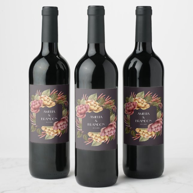 Dramatic Floral Wedding Wine Label (Bottles)