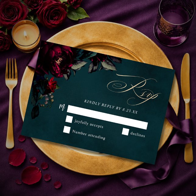 Dramatic Gothic Red Turquoise Floral Wedding RSVP Card (Creator Uploaded)