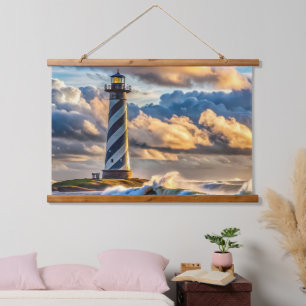 Dramatic Lighthouse Seascape with Stormy Waves Hanging Tapestry