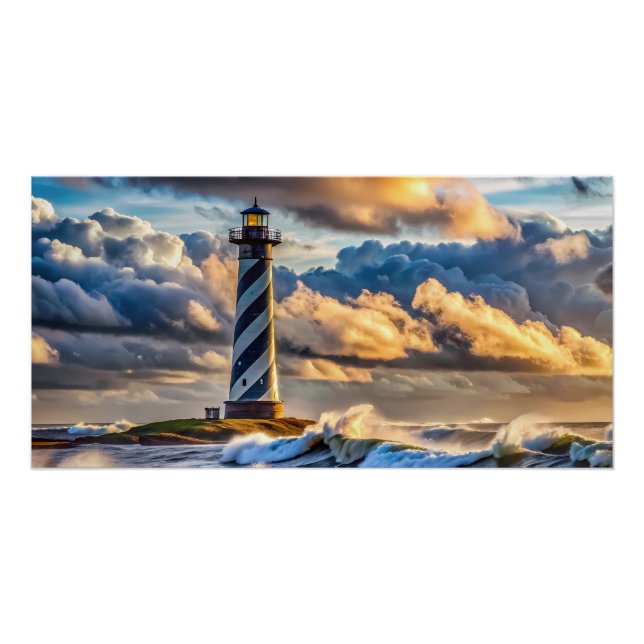 Dramatic Lighthouse Seascape with Stormy Waves Poster (Front)