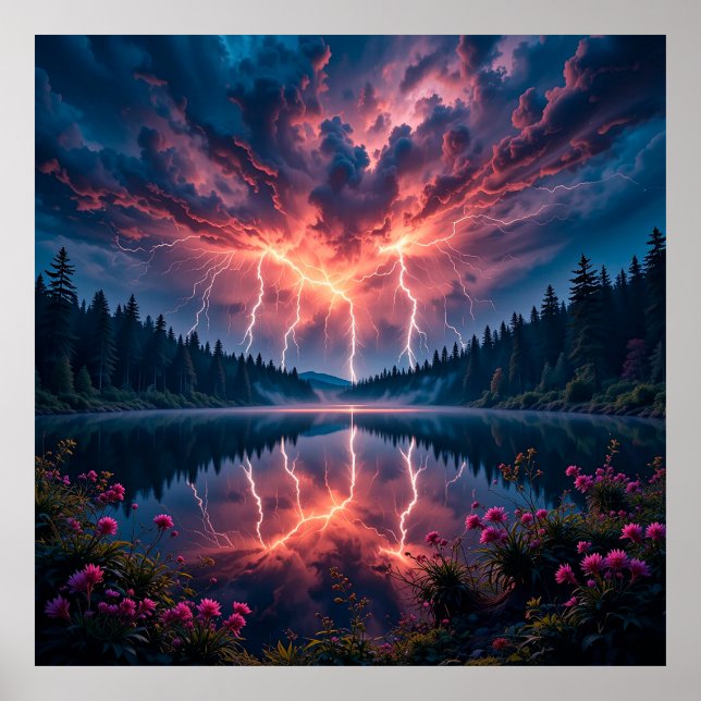 Dramatic Lightning over a Serene Forest Lake Poster (Front)