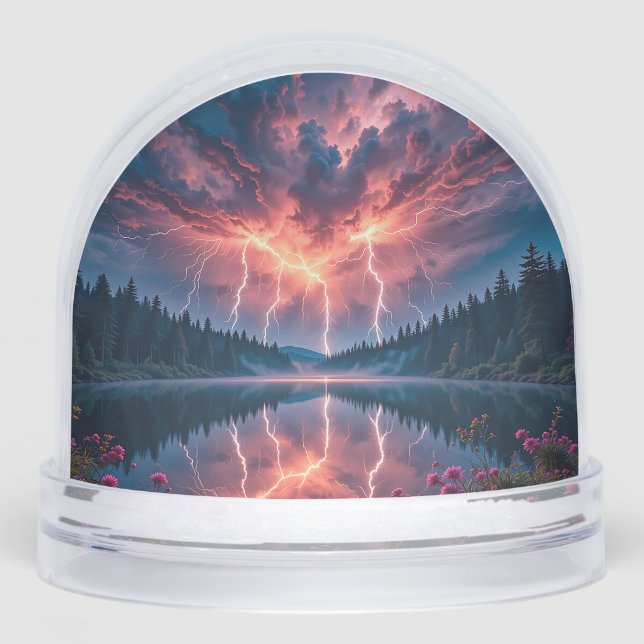 Dramatic Lightning over a Serene Forest Lake Snowglobe (Front)