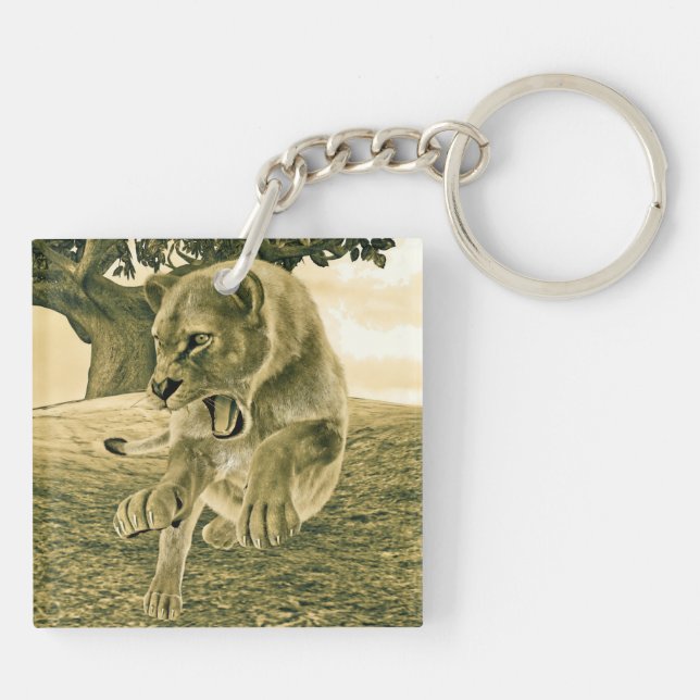 Dramatic Lioness Safari Wildlife Art Key Ring (Back)