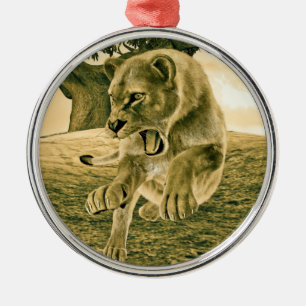 Dramatic Lioness Safari Wildlife Art Metal Tree Decoration