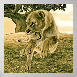 Dramatic Lioness Safari Wildlife Art Poster