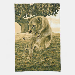 Dramatic Lioness Safari Wildlife Art Tea Towel