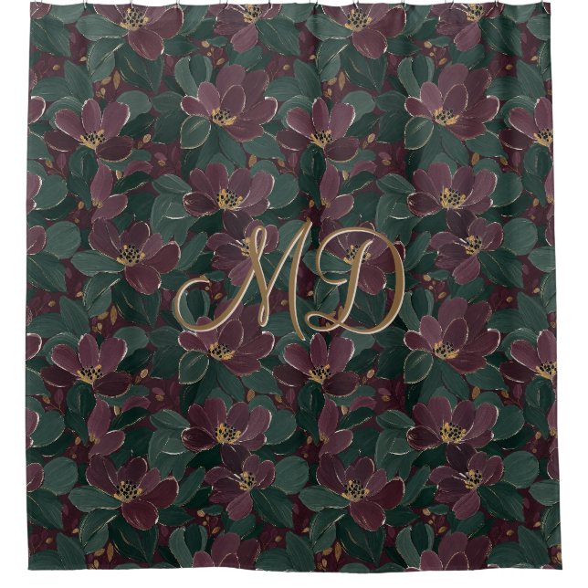 Dramatic Maroon And Forest Green Floral  Shower Curtain (Front)